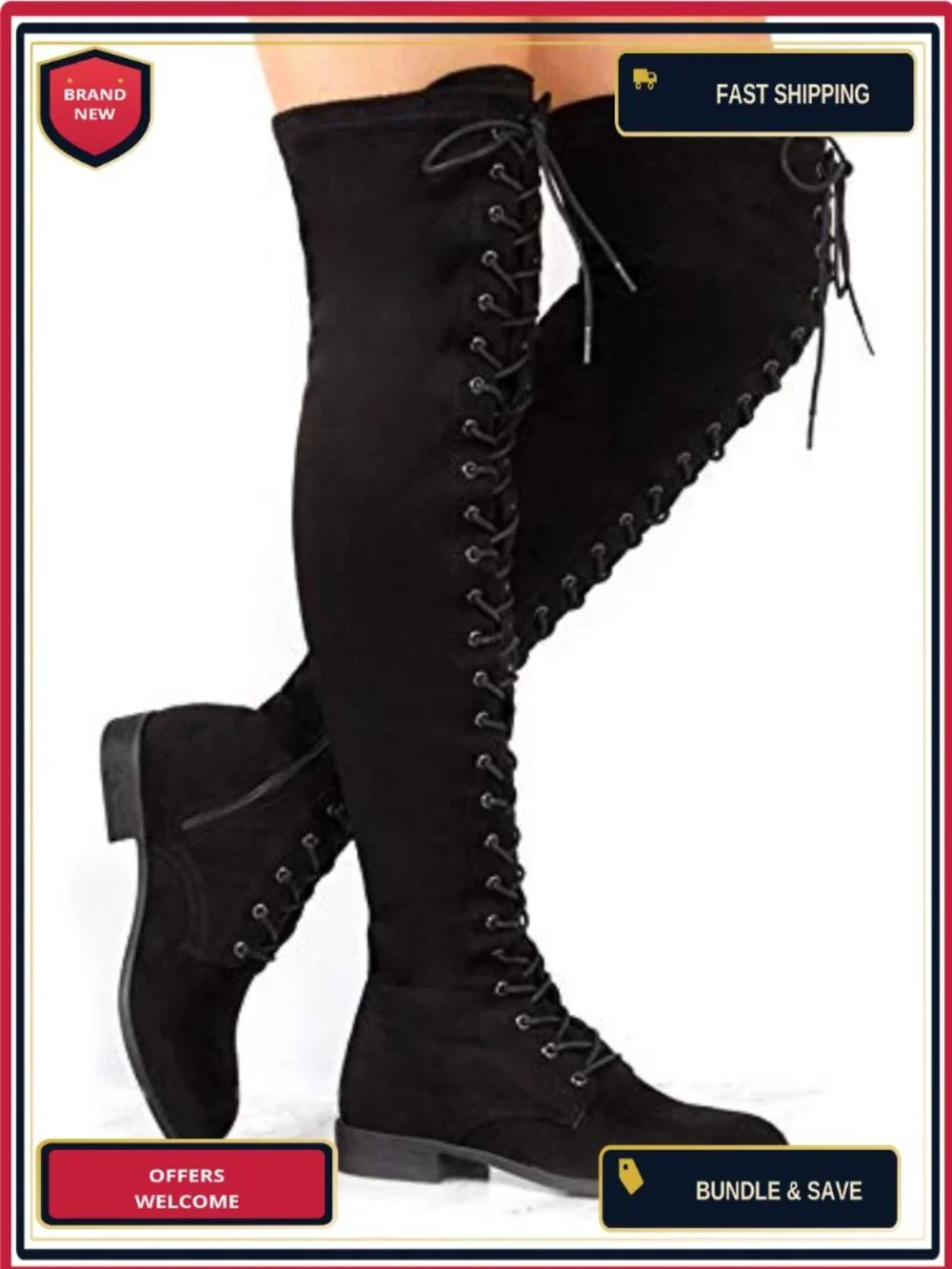 Over the Knee Lace Up Suede Combat Boots, Block Heel, Side Zipper, Round Toe,